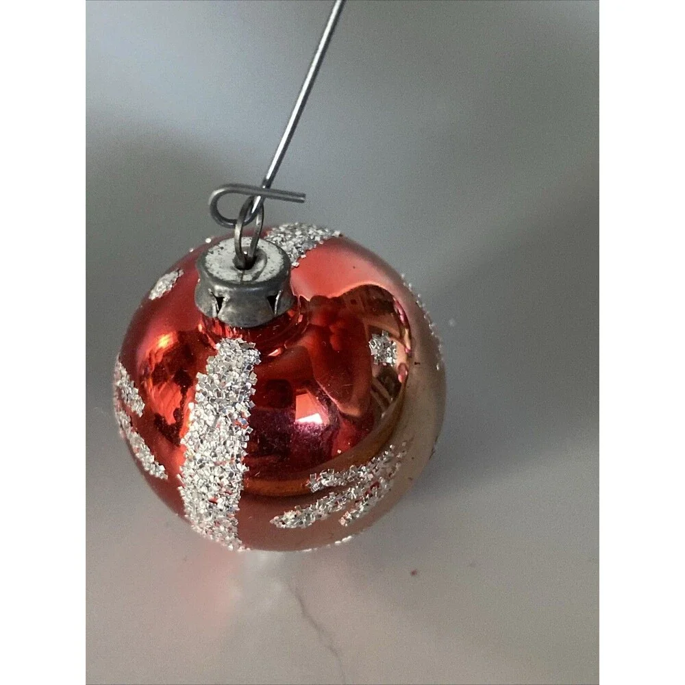Vintage Hand Painted Blown Glass Christmas Ornament Red Small Ball Glitter